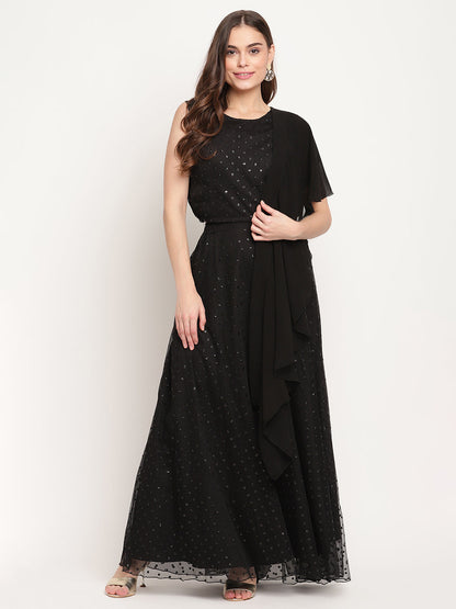 Women's Black Net Glitter Print Top Skirt Set With Dupatta
