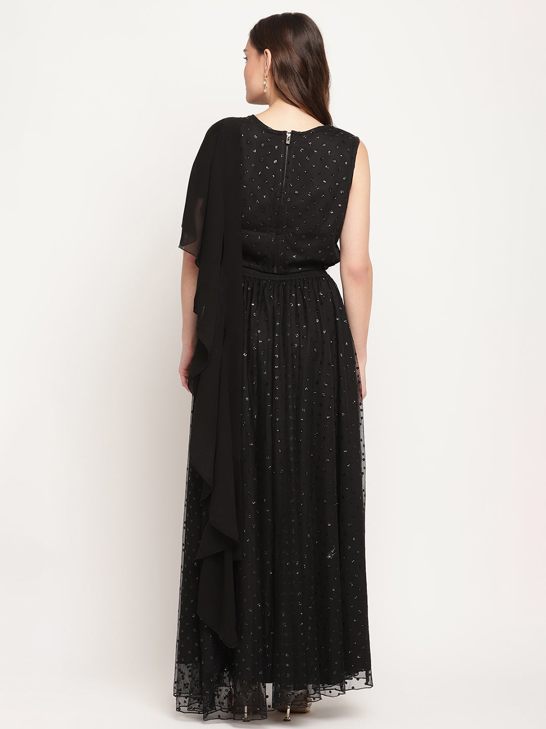 Women's Black Net Glitter Print Top Skirt Set With Dupatta
