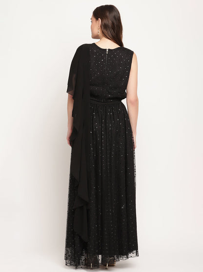 Women's Black Net Glitter Print Top Skirt Set With Dupatta
