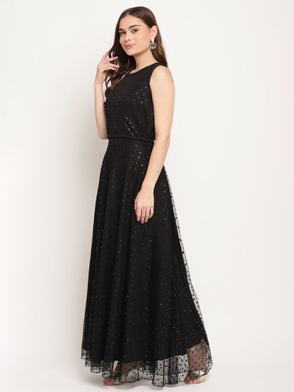 Women's Black Net Glitter Print Top Skirt Set With Dupatta