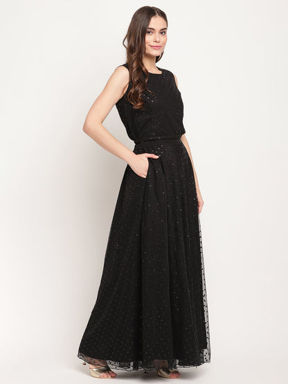 Women's Black Net Glitter Print Top Skirt Set With Dupatta
