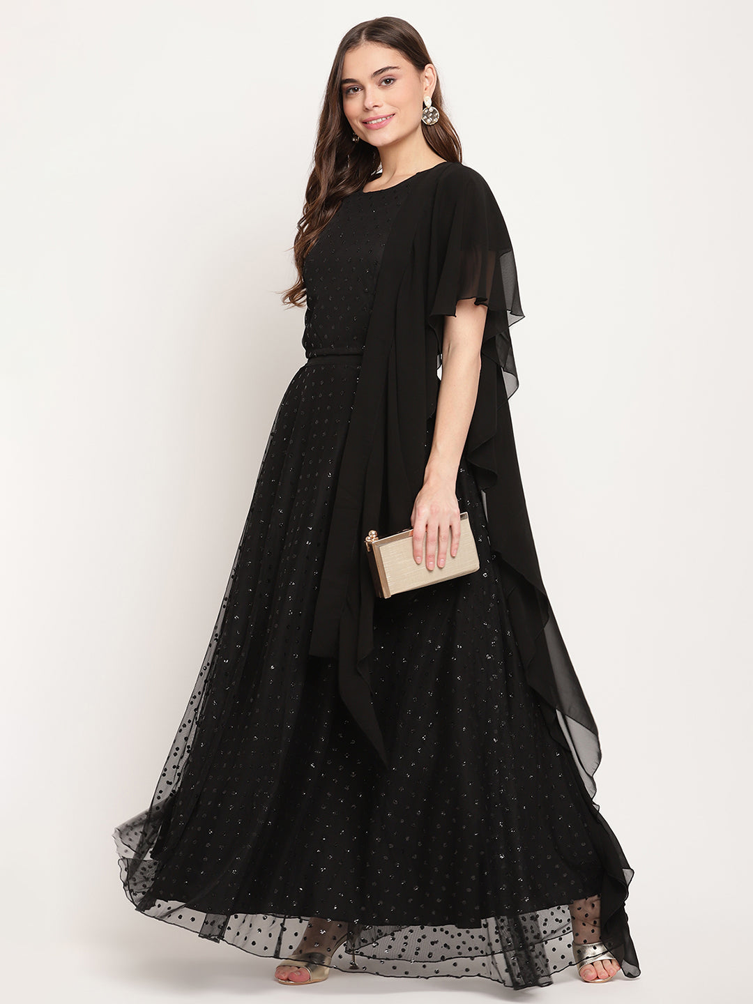 Women's Black Net Glitter Print Top Skirt Set With Dupatta