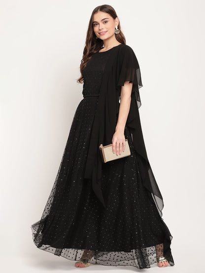 Women's Black Net Glitter Print Top Skirt Set With Dupatta