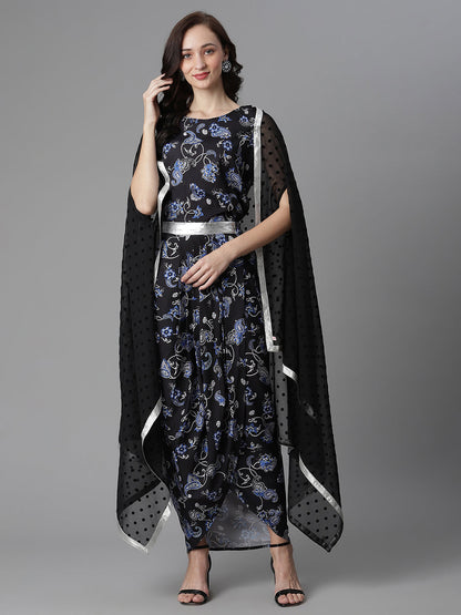 Women's Black Crepe Printed Top, Skirt & Shrug By Ahalyaa