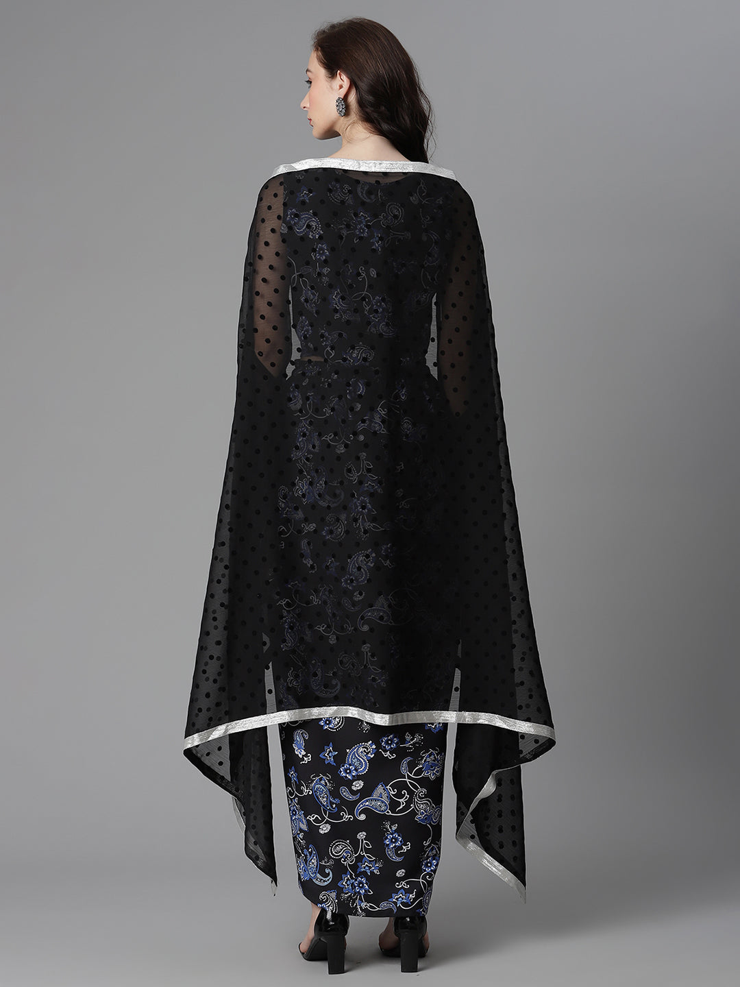 Women's Black Crepe Printed Top, Skirt & Shrug By Ahalyaa