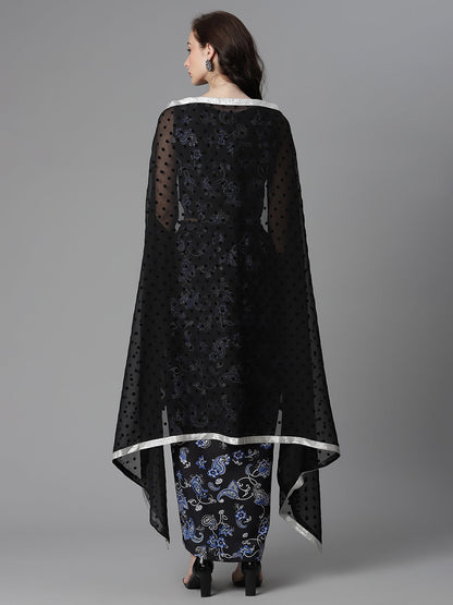 Women's Black Crepe Printed Top, Skirt & Shrug By Ahalyaa