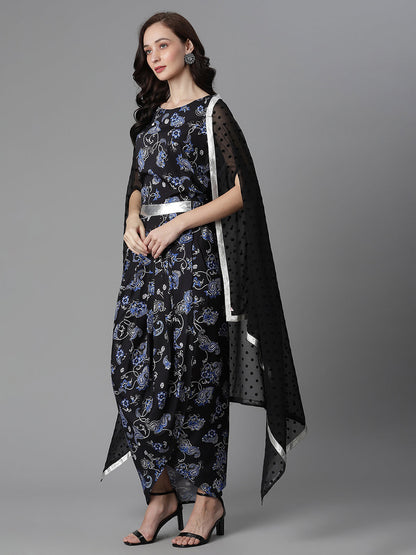 Women's Black Crepe Printed Top, Skirt & Shrug By Ahalyaa