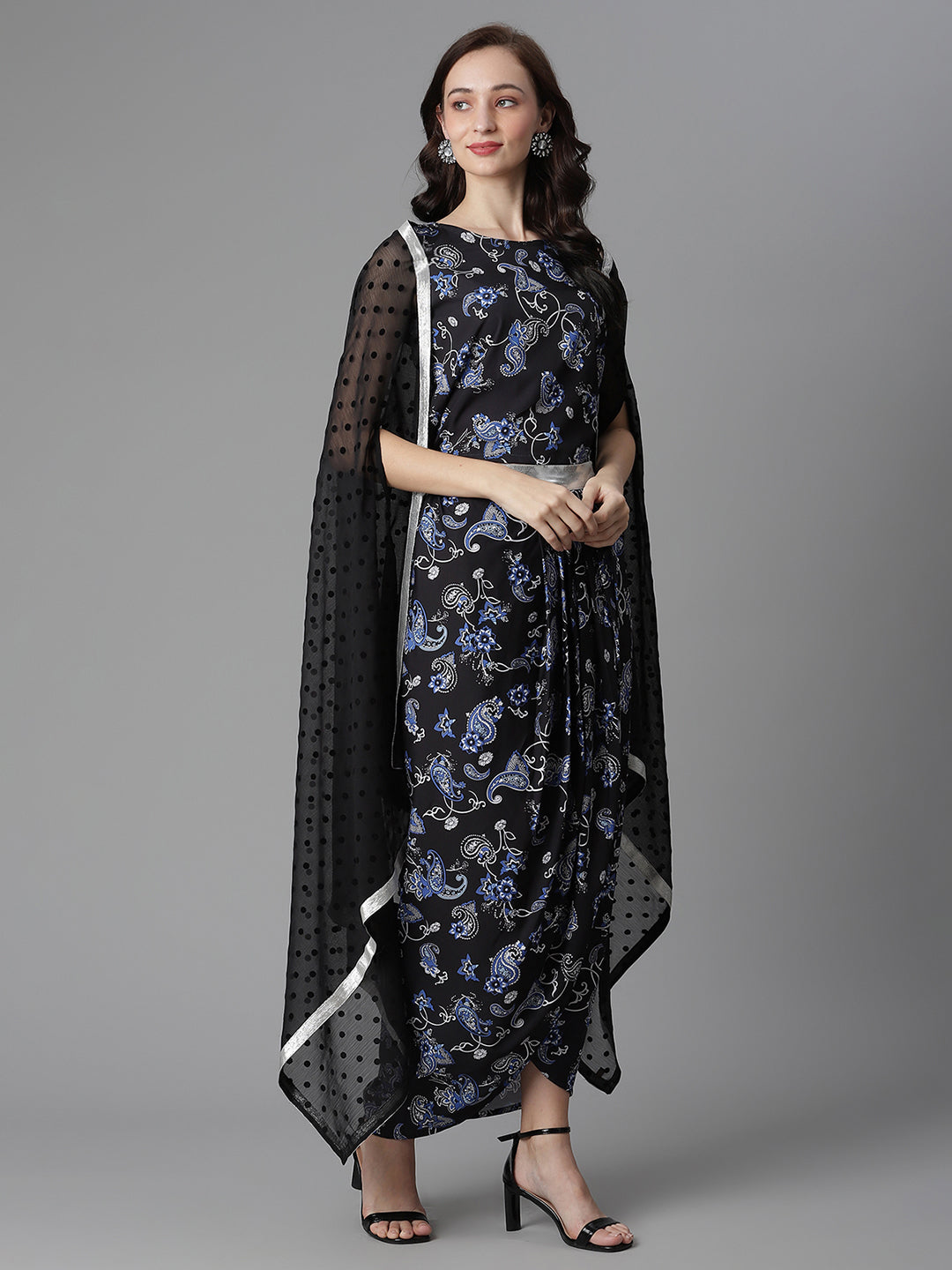 Women's Black Crepe Printed Top, Skirt & Shrug By Ahalyaa