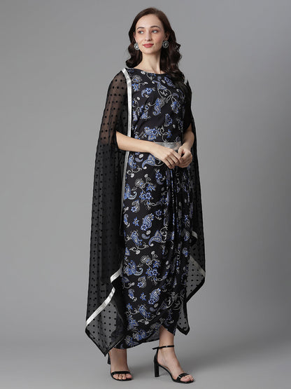 Women's Black Crepe Printed Top, Skirt & Shrug By Ahalyaa