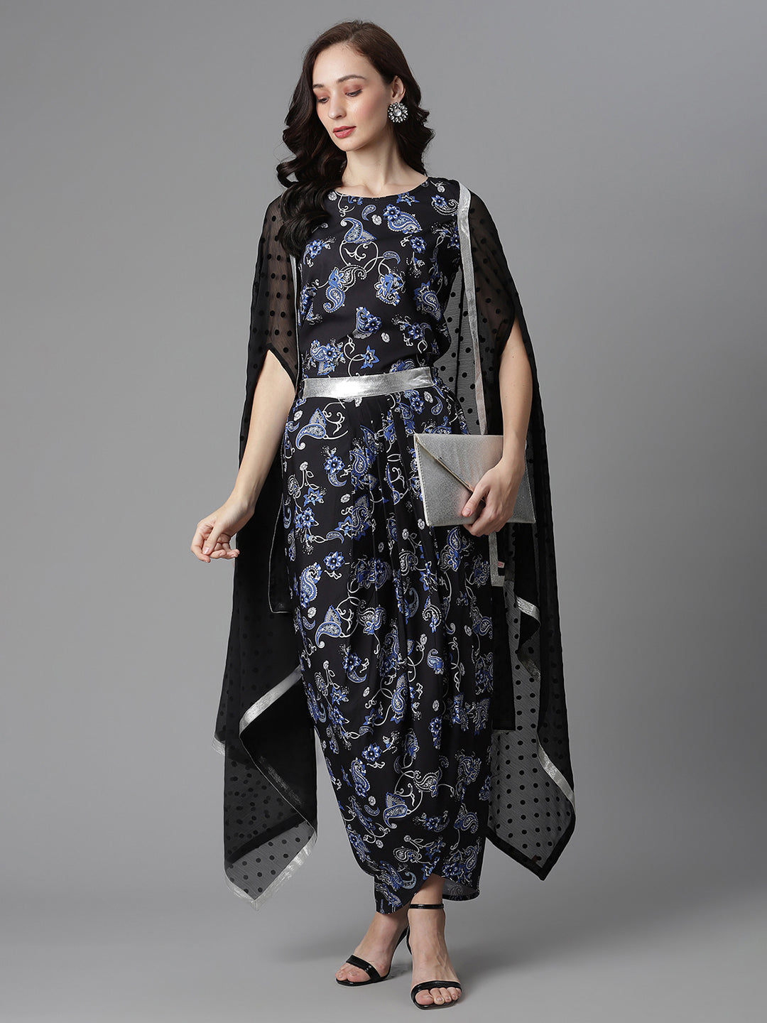 Women's Black Crepe Printed Top, Skirt & Shrug By Ahalyaa