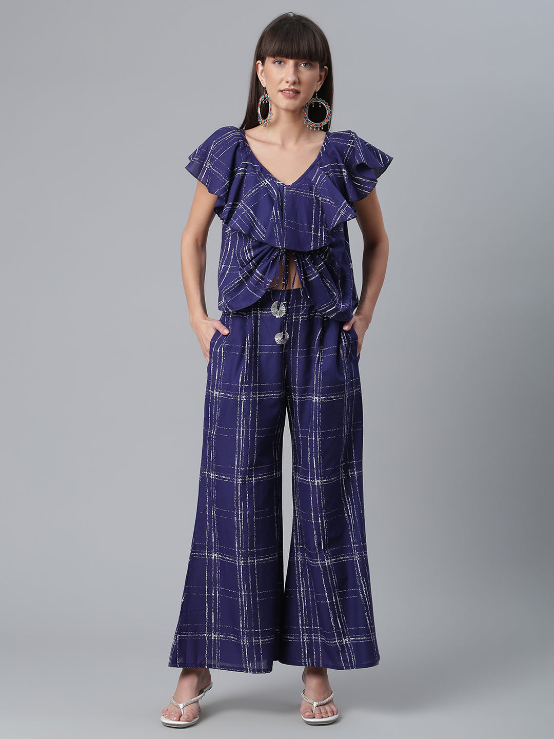 Women's Navy Blue & Off-White Cotton Checked Top With Palazzos