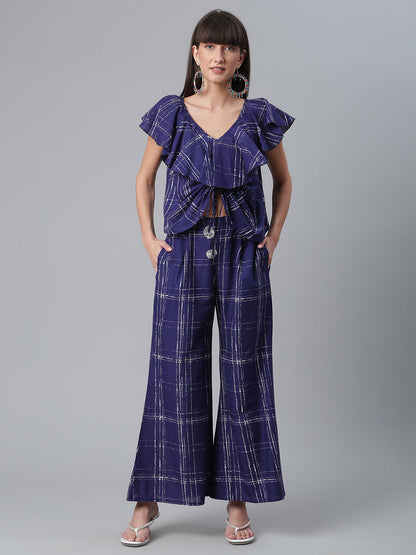 Women's Navy Blue & Off-White Cotton Checked Top With Palazzos