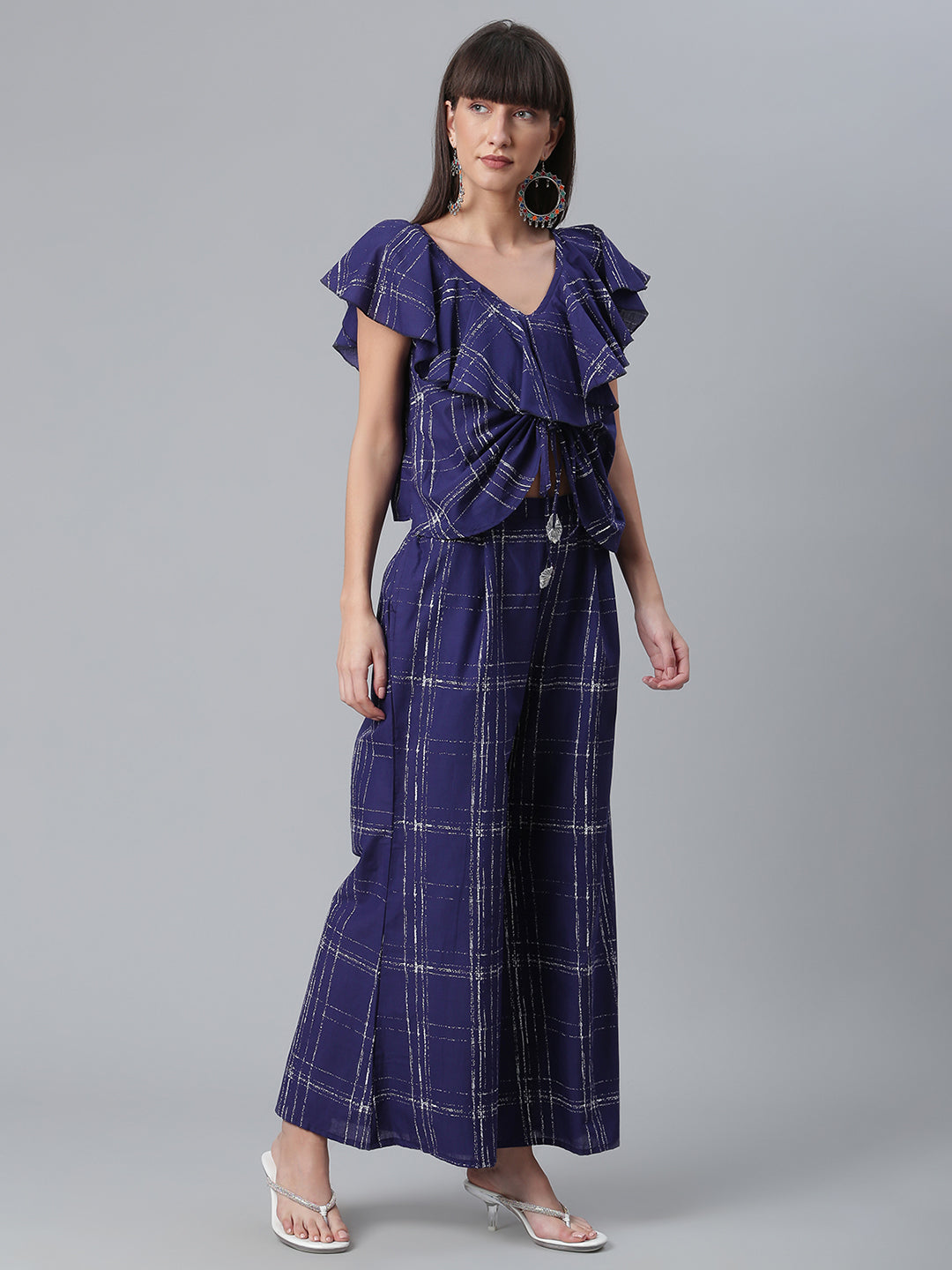 Women's Navy Blue & Off-White Cotton Checked Top With Palazzos