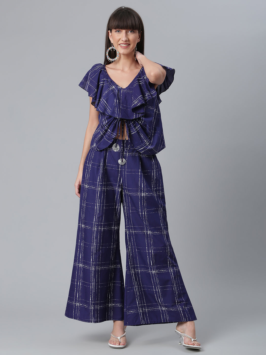 Women's Navy Blue & Off-White Cotton Checked Top With Palazzos
