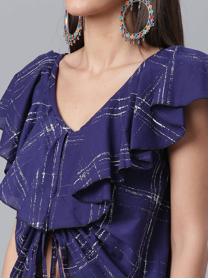 Women's Navy Blue & Off-White Cotton Checked Top With Palazzos