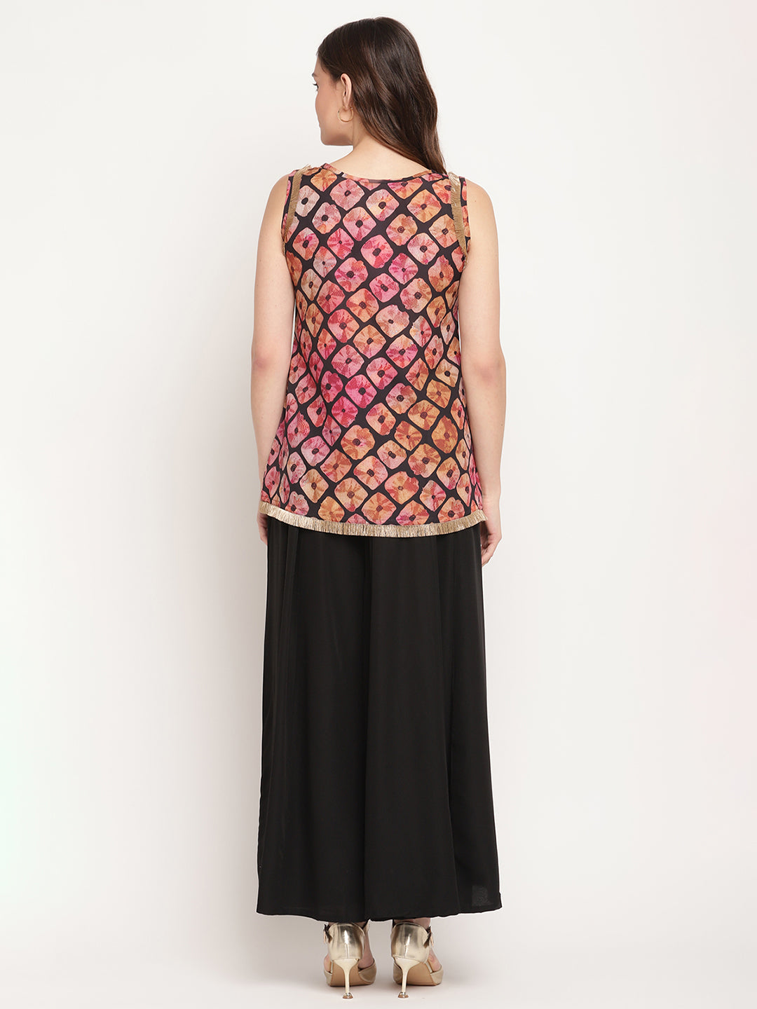 Women's Black Crepe Digital Shibori Print Top Palazzo Se