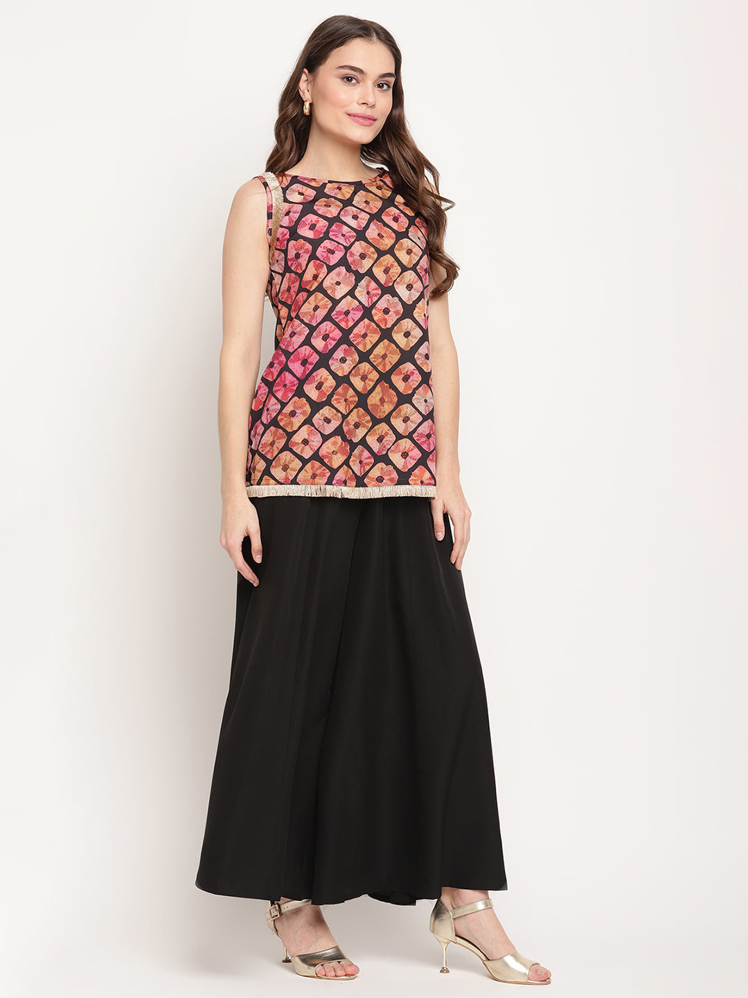 Women's Black Crepe Digital Shibori Print Top Palazzo Se
