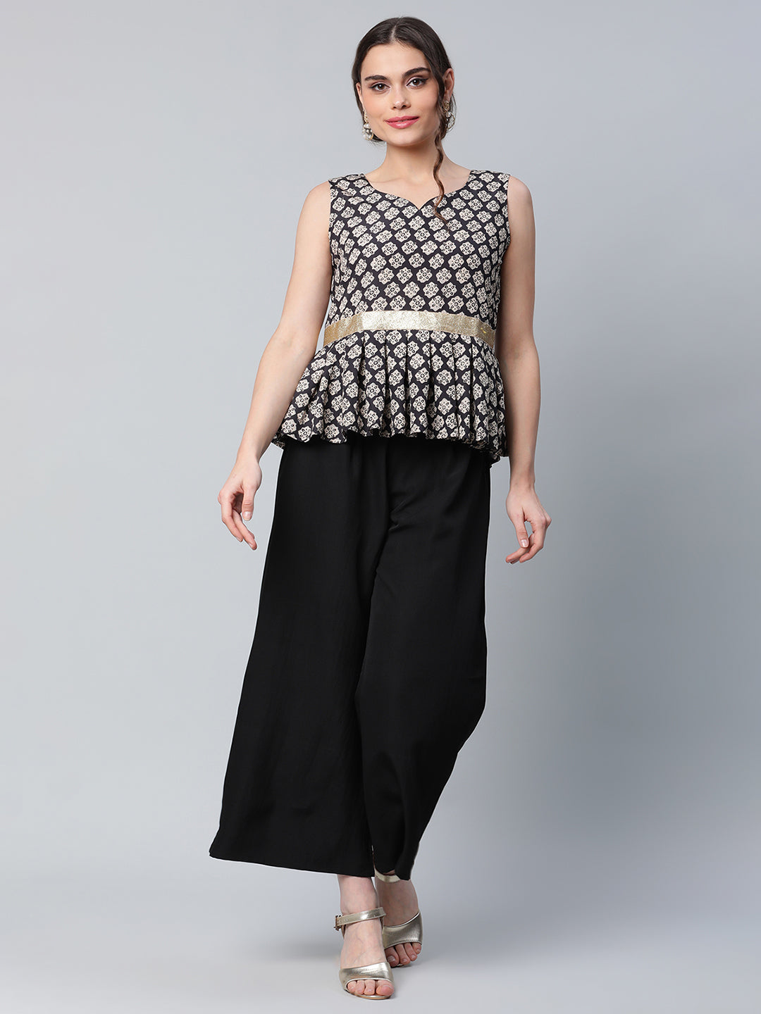 Women's Black Printed Top With Palazzo Set By Ahaaly
