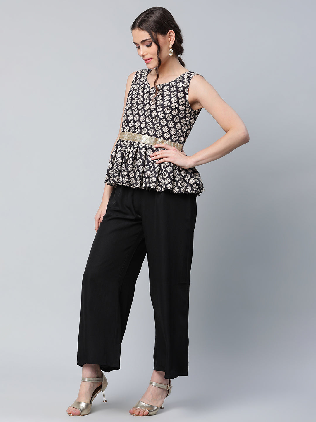 Women's Black Printed Top With Palazzo Set By Ahaaly