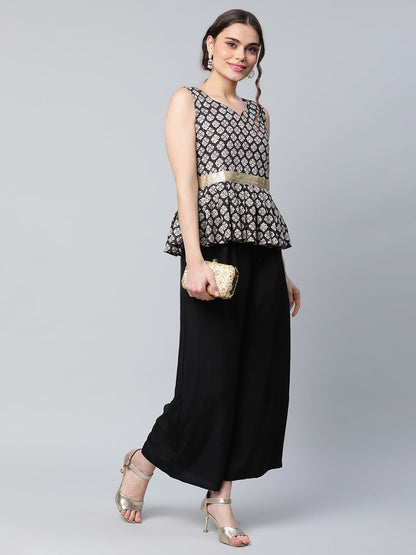 Women's Black Printed Top With Palazzo Set By Ahaaly