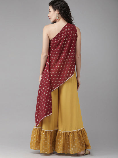 Women's Maroon Georgette One Shoulder Top With Palazzo