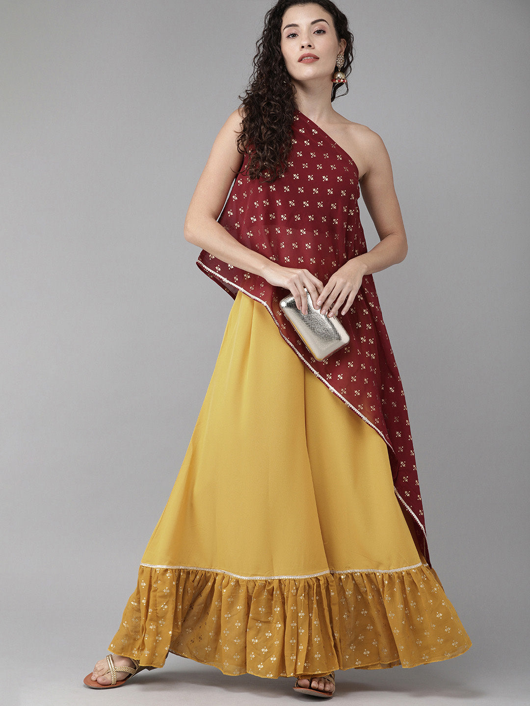 Women's Maroon Georgette One Shoulder Top With Palazzo
