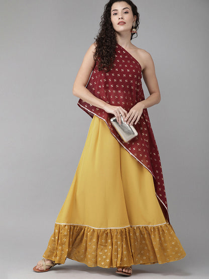 Women's Maroon Georgette One Shoulder Top With Palazzo