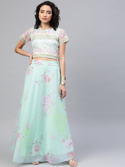 Women's Mint Green Oraganza  Printed Lehenga Chol