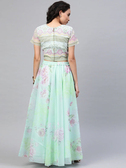 Women's Mint Green Oraganza  Printed Lehenga Chol