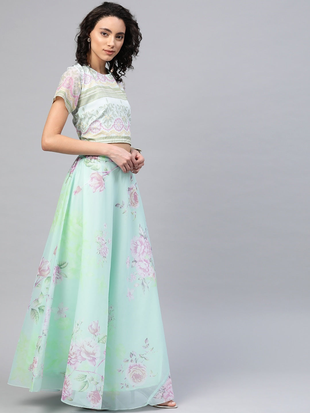 Women's Mint Green Oraganza  Printed Lehenga Chol