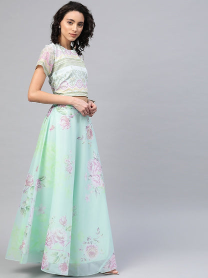 Women's Mint Green Oraganza  Printed Lehenga Chol