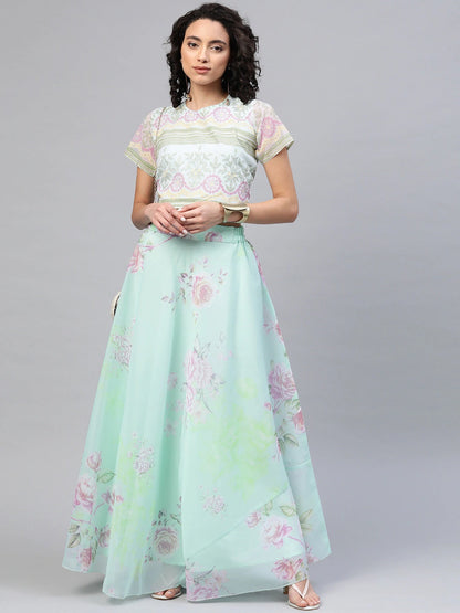 Women's Mint Green Oraganza  Printed Lehenga Chol