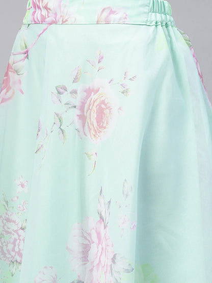 Women's Mint Green Oraganza  Printed Lehenga Chol