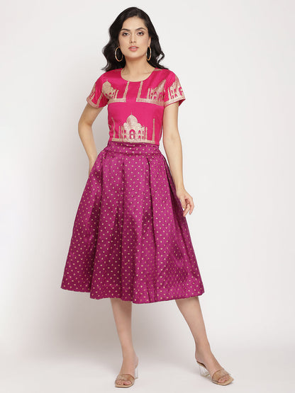 Women's Pink Poly Silk Gold Foil Print Top With Skirt Set