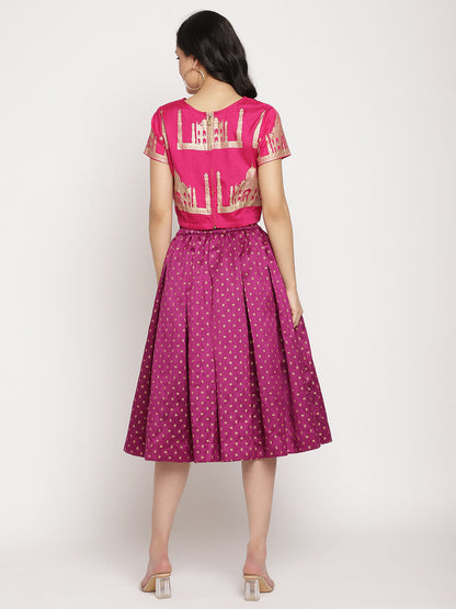 Women's Pink Poly Silk Gold Foil Print Top With Skirt Set