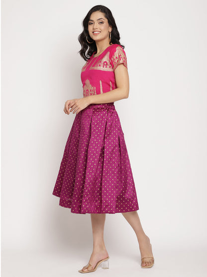 Women's Pink Poly Silk Gold Foil Print Top With Skirt Set