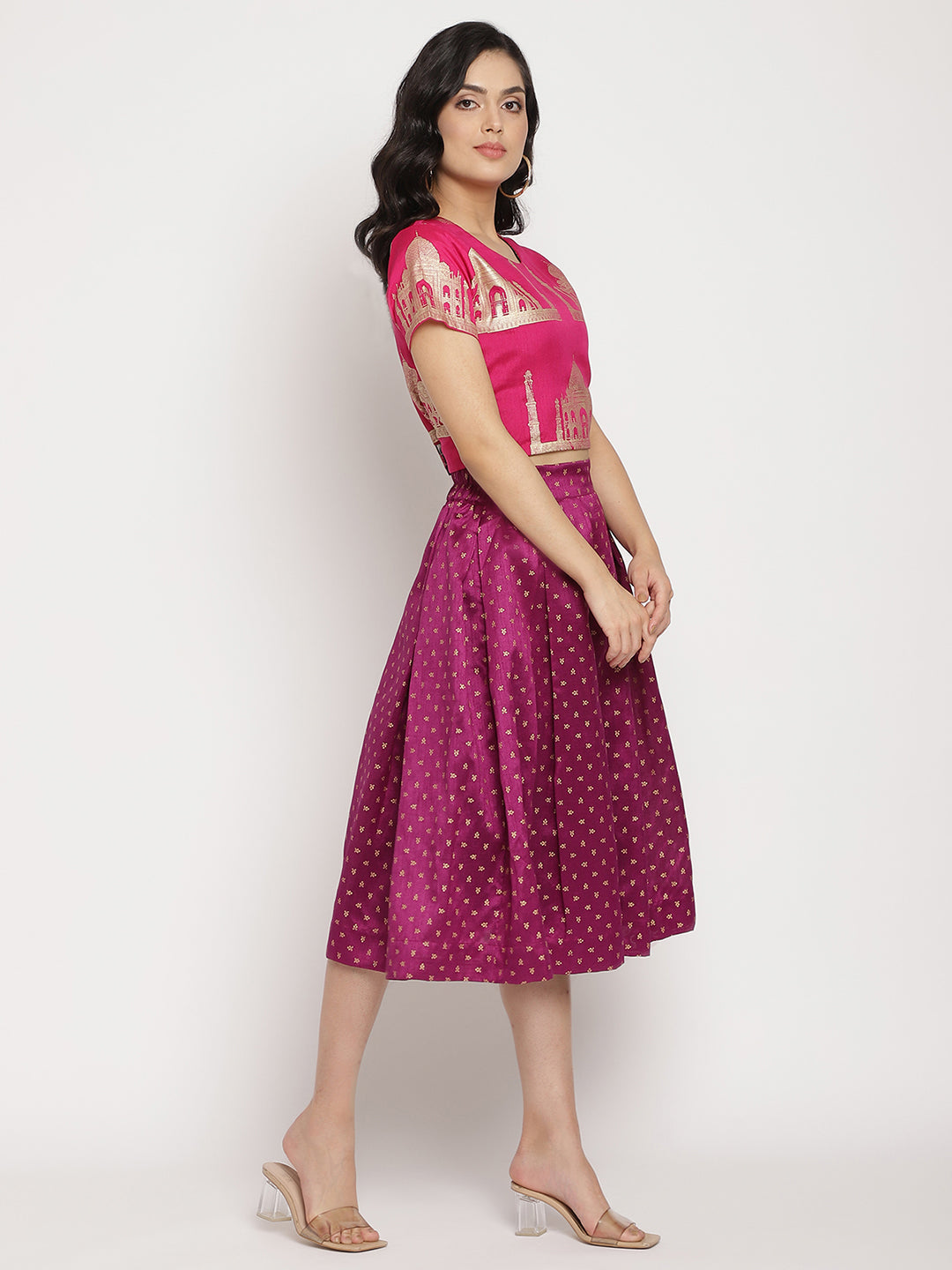 Women's Pink Poly Silk Gold Foil Print Top With Skirt Set