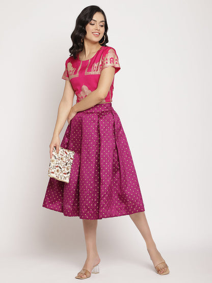 Women's Pink Poly Silk Gold Foil Print Top With Skirt Set