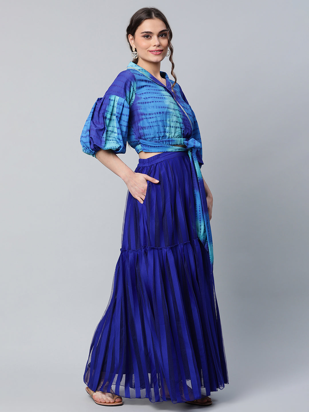 Women's Blue Printed Top With Skirt By Ahalyaa