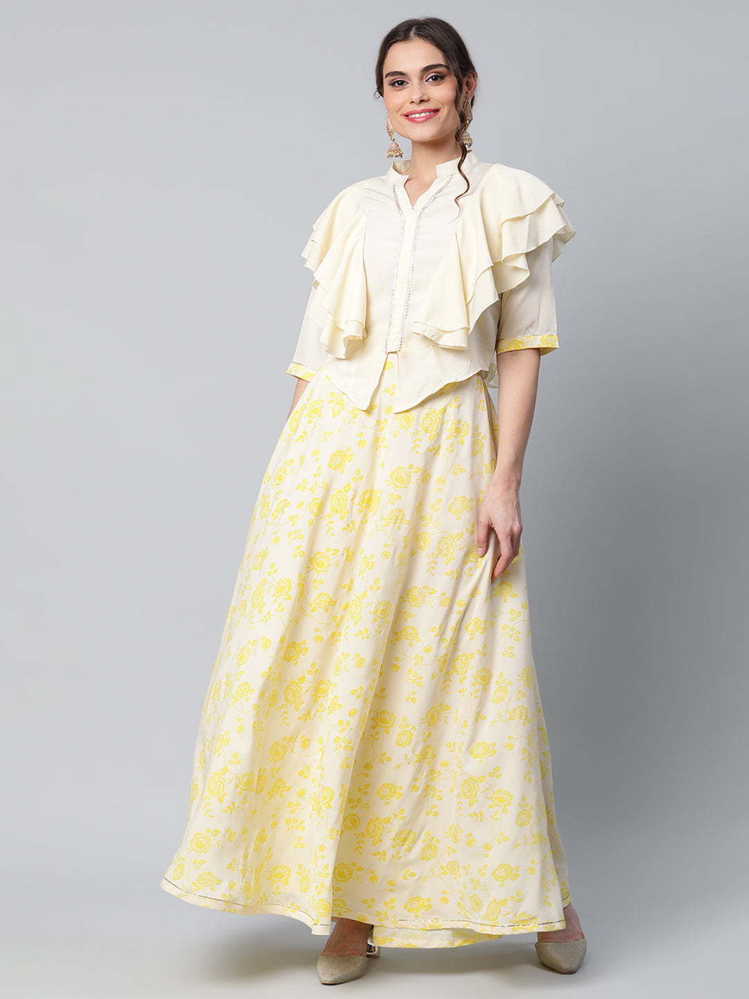 Women's Crepe Cream Solid Top With Printed Skirt With Ruffle Details By Ahalyaa