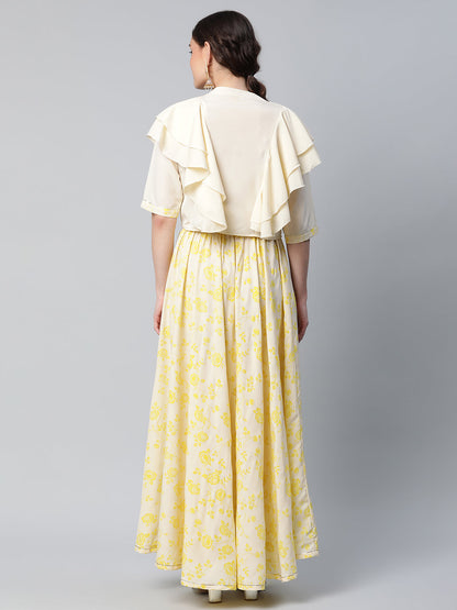 Women's Crepe Cream Solid Top With Printed Skirt With Ruffle Details By Ahalyaa