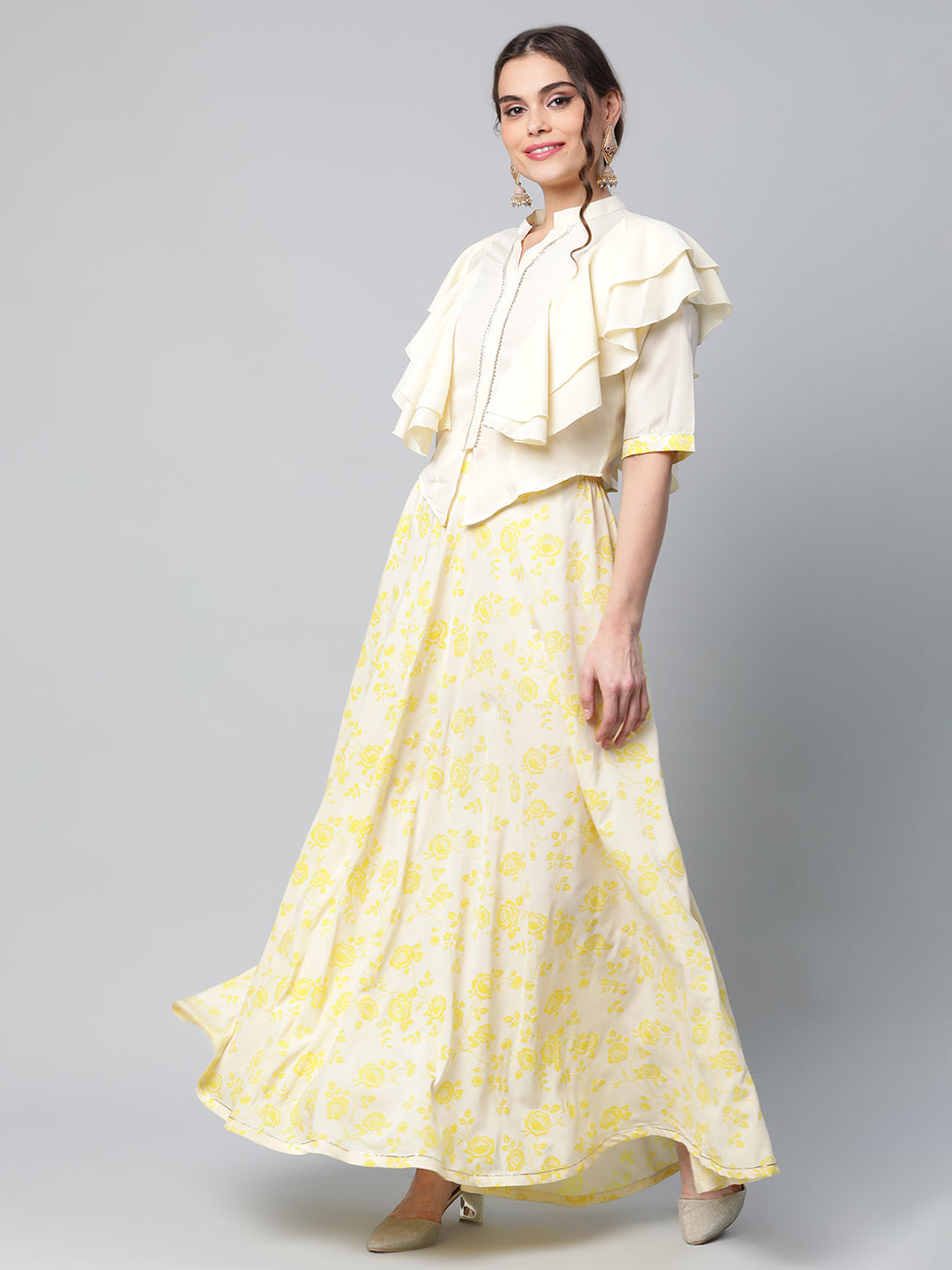 Women's Crepe Cream Solid Top With Printed Skirt With Ruffle Details By Ahalyaa