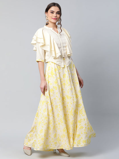 Women's Crepe Cream Solid Top With Printed Skirt With Ruffle Details By Ahalyaa