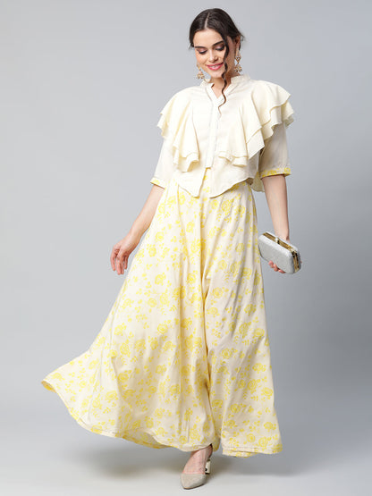 Women's Crepe Cream Solid Top With Printed Skirt With Ruffle Details By Ahalyaa