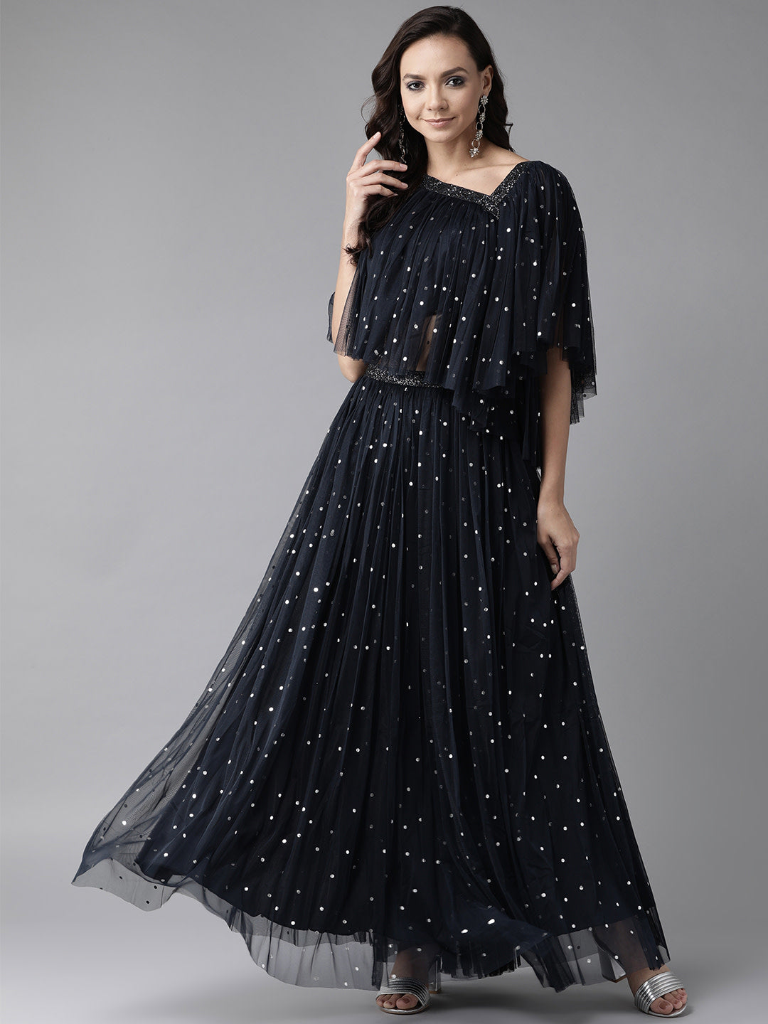 Women's Navy Blue Net Silver Foil Print Top Skirt Set