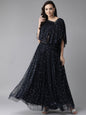 Women's Navy Blue Net Silver Foil Print Top Skirt Set