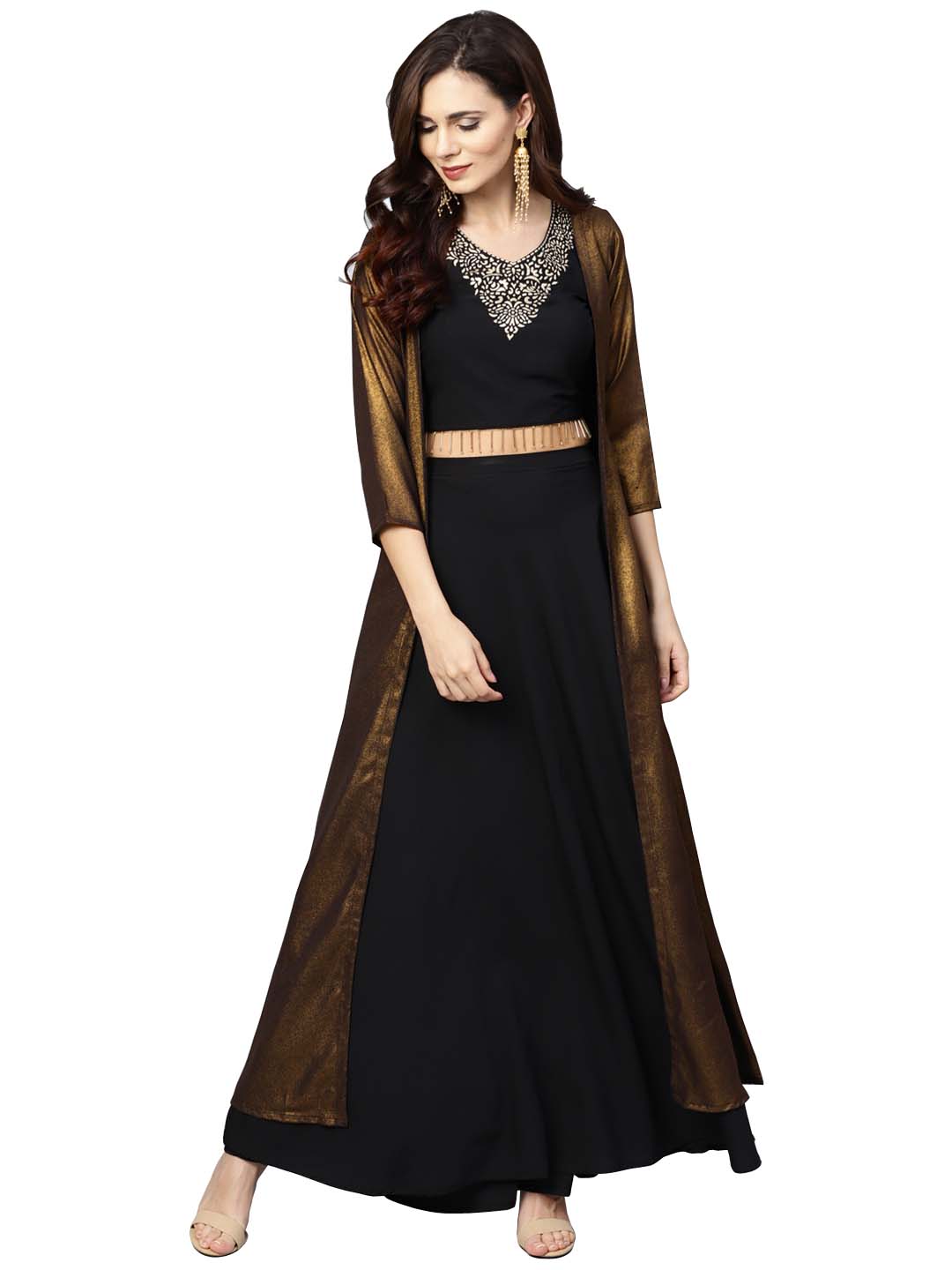 Women's Black Crepe Top Skirt With Jacke