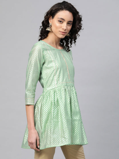 Women's Sea Green Chanderi Silk Golden Printed Tuni