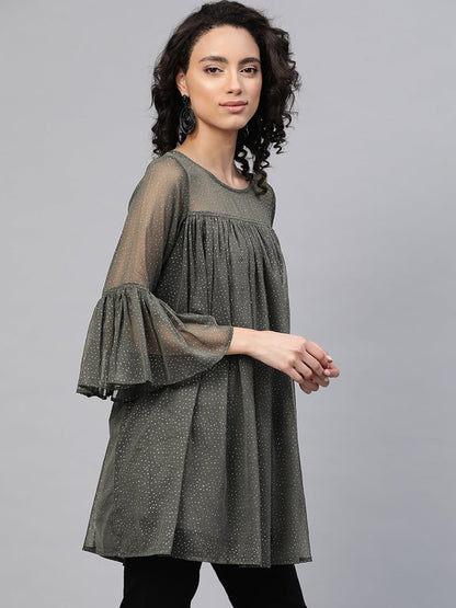 Women's Grey Chiffon Silver Glitter Printed Tuni
