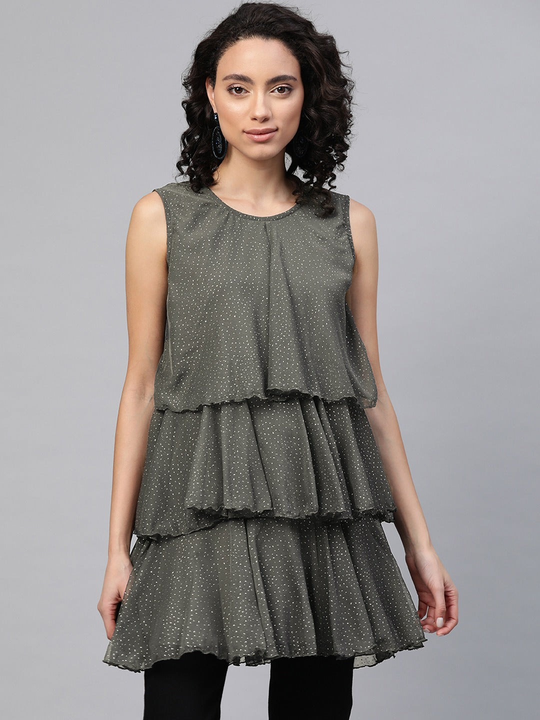 Women's Grey Chiffon Silver Glitter Printed Tiered Tuni
